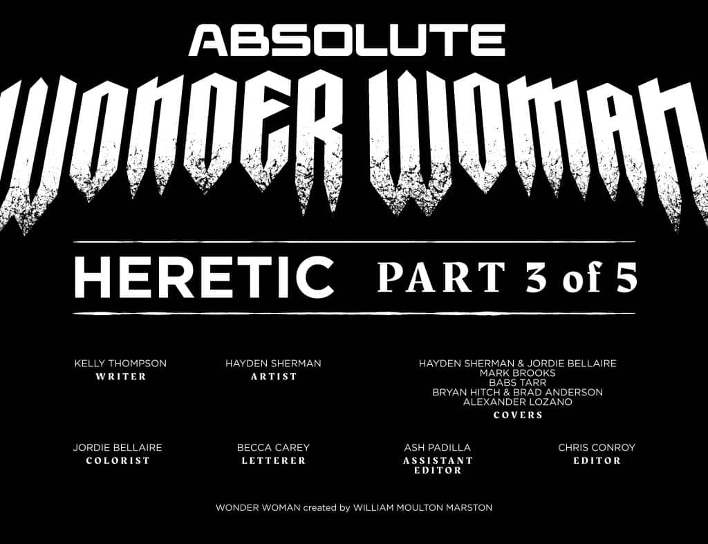 Cover page for 'Absolute Wonder Woman: Heretic - Part 3 of 5', featuring the title prominently in bold lettering and listing contributors including writer Kelly Thompson and artist Hayden Sherman.