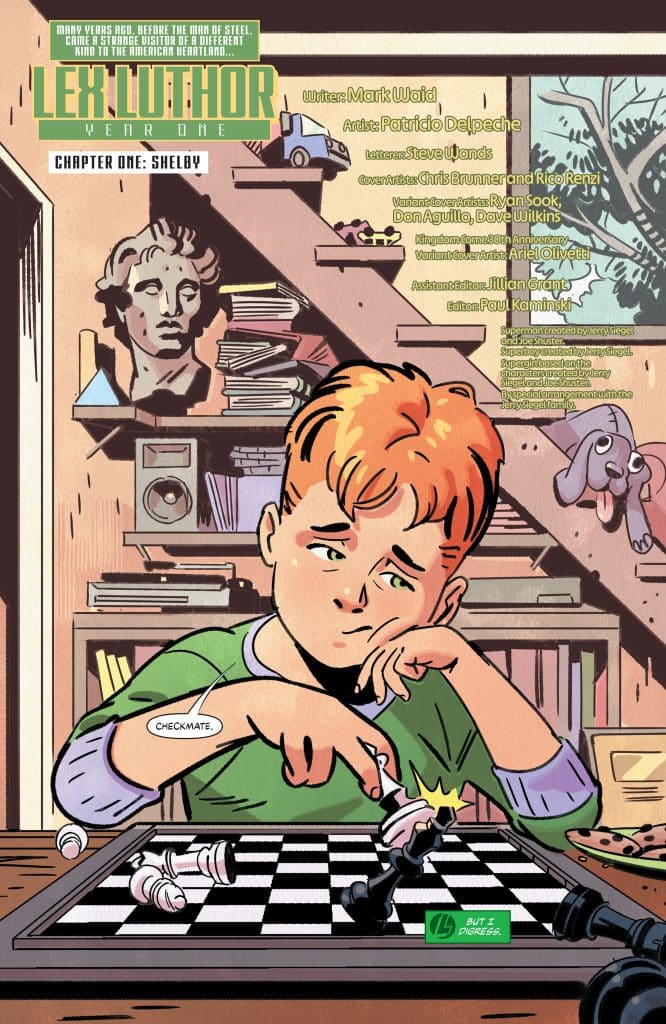 A young boy with red hair is playing chess, looking thoughtfully at the board as he moves a black queen piece, declaring 'checkmate.' The background features shelves with books and a statue.