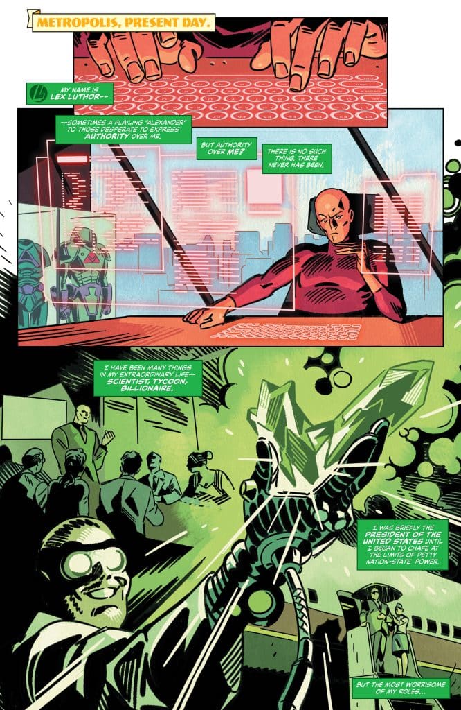 A comic book panel featuring Lex Luthor in a modern office setting, typing on a futuristic keyboard with holographic displays. He is depicted with a serious expression, emphasizing his power and authority. In the background, groups of people are engaged in discussions, and a green glowing crystal is prominently featured in the foreground.