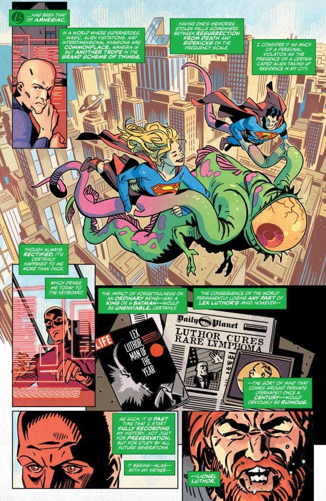 A comic book page featuring superheroes, including characters resembling Superman and Supergirl, riding a green monster with an eye, amidst a city skyline. Text boxes discuss themes of memory, identity, and superhero tropes.