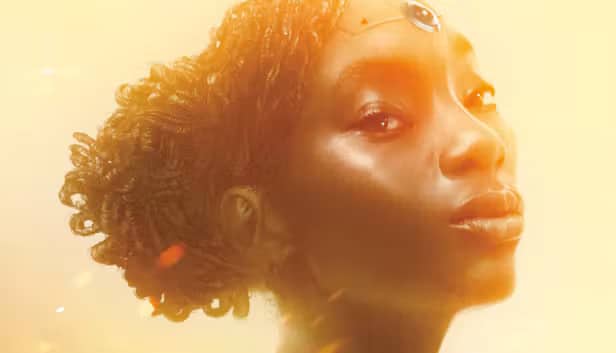 Close-up portrait of a person with braided hair, facing slightly to the side, illuminated by warm, soft light.