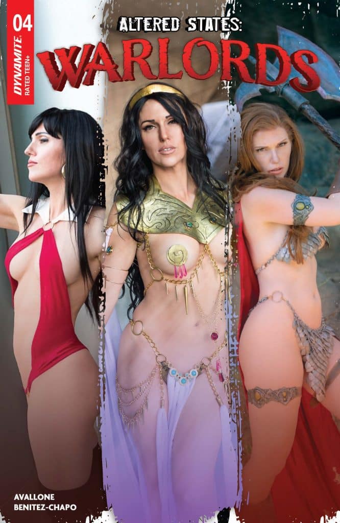 Cover art for 'Altered States: Warlords' featuring three female characters in fantasy-themed outfits, showcasing vibrant colors and elaborate costumes.