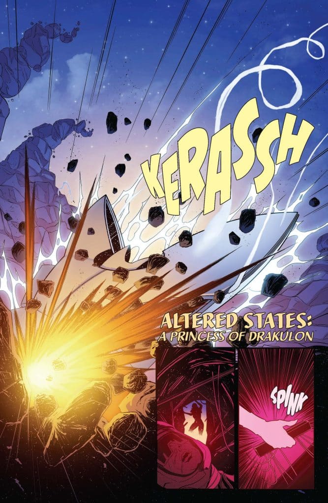A dynamic comic book panel depicting an explosive scene with the text 'KERASSH' and 'ALTERED STATES: A PRINCESS OF DRAKULON,' featuring large bursts of light and rock fragments in an outer space background.
