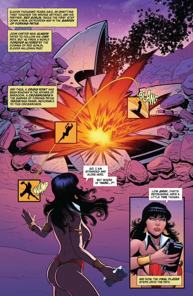 A comic book page featuring an explosion in a rocky landscape with text boxes detailing a narrative about John Carter and an unknown character who is stranded, questioning their location.
