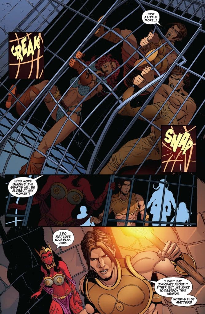 Two characters struggle within a metal cage, with one urging the other to act quickly as tension builds. Dialogue balloons convey their urgent conversation about a plan involving a weapon.