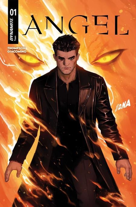 Comic book cover featuring a man in a black coat with a serious expression, set against a fiery orange background with glowing eyes.