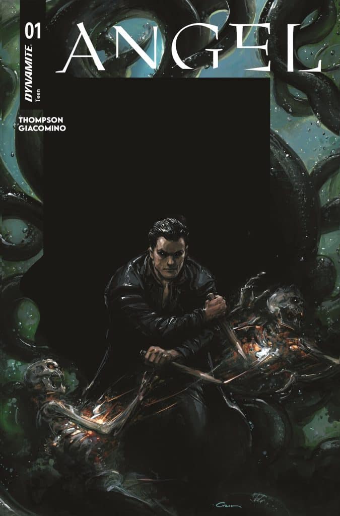 Cover of the comic book 'Angel' featuring a dark-haired male character wielding weapons, surrounded by skeletal figures and a dark, ominous background.