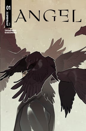 Cover of 'Angel' comic book issue 01, featuring a figure surrounded by dark wings and crows against a muted background.