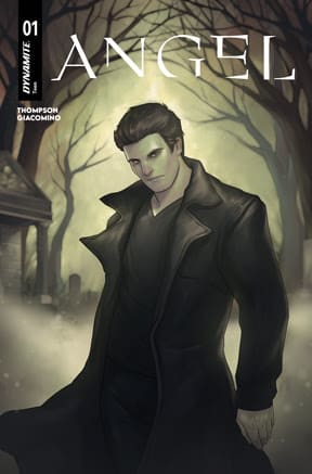 Cover of the comic book 'Angel' issue 01, featuring a male character with dark hair and a black coat, standing in a foggy forest with bare trees.