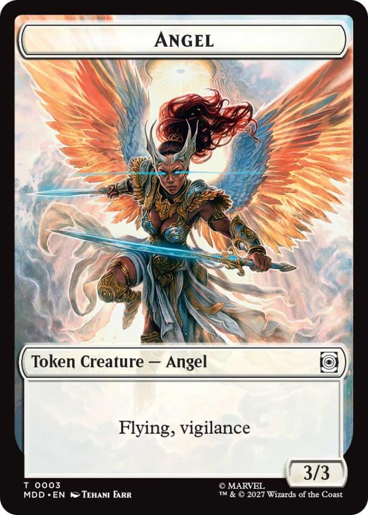 An angelic warrior with golden wings and armor, wielding swords, depicted in an action pose amidst a celestial background. The card indicates it's a Token Creature with flying and vigilance abilities.