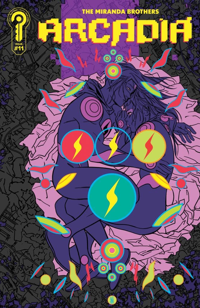 Comic book cover for 'Arcadia' by The Miranda Brothers, featuring two abstract figures embracing in vibrant colors with dynamic shapes and patterns in the background.