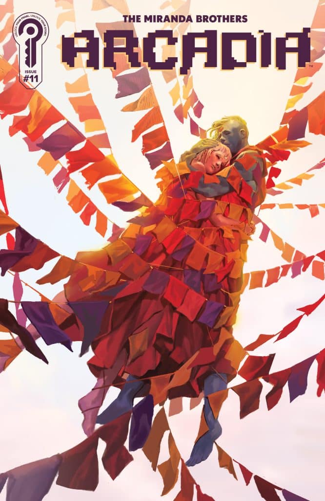Cover of 'Arcadia' comic issue #11 by The Miranda Brothers, featuring two figures embraced among colorful fabric banners swirling around them.