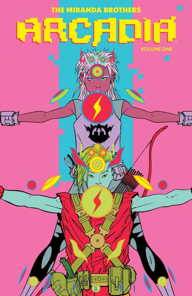 Cover of 'Arcadia Volume One' by The Miranda Brothers, featuring two stylized characters on a vibrant pink background, adorned with glowing symbols and intricate designs.