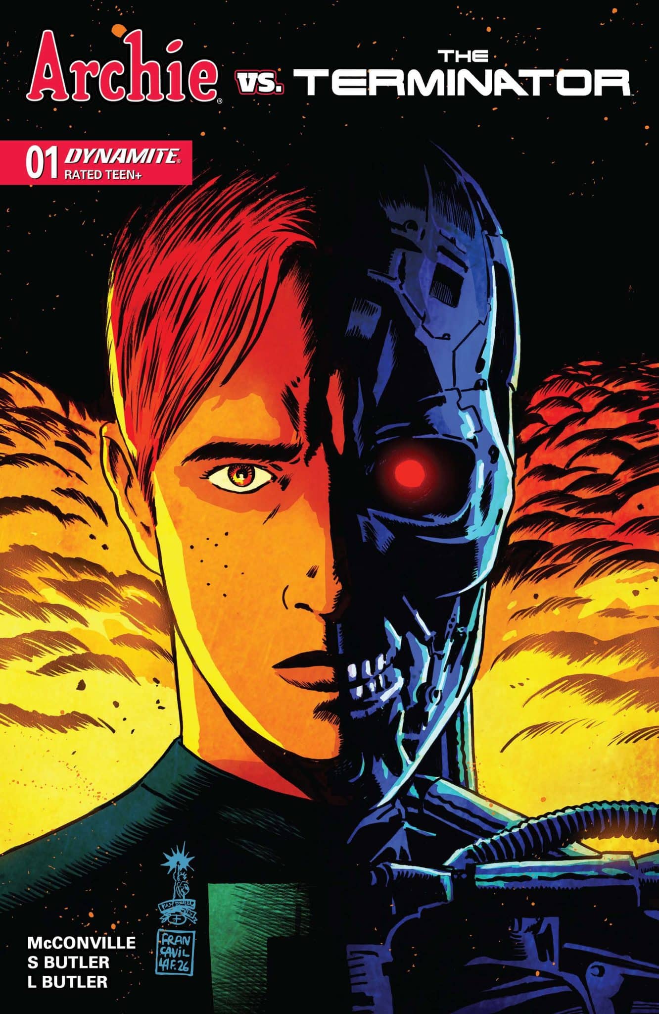 Comic book cover featuring a split image of a character with a human face on one side and a robotic skull on the other, with dramatic colors and a backdrop of explosions.