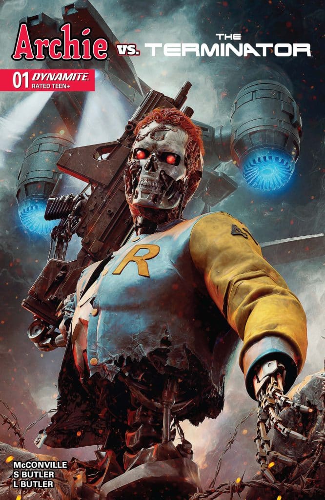 Cover art of 'Archie vs. The Terminator' comic, featuring a futuristic robot in a tattered Archie sweater, holding a weapon and surrounded by rubble and smoke.