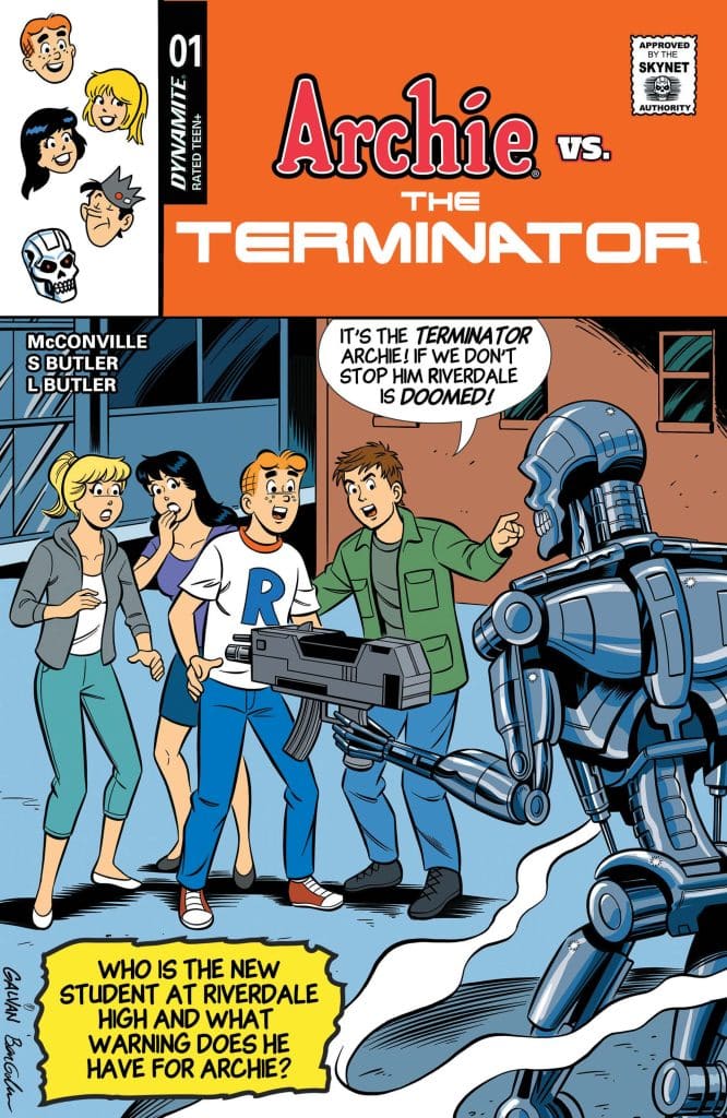 Comic book cover featuring Archie and his friends encountering a Terminator. The characters display concern, with a tagline expressing urgency about Riverdale's fate.