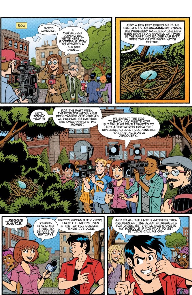 A lively scene outside Riverdale High with a group of students and media reporters gathering to witness the hatching of a rare egg laid by an aquamarine tisbos bird. The egg is nestled in a nest surrounded by trees, with cheerful onlookers holding cameras and speaking to each other.
