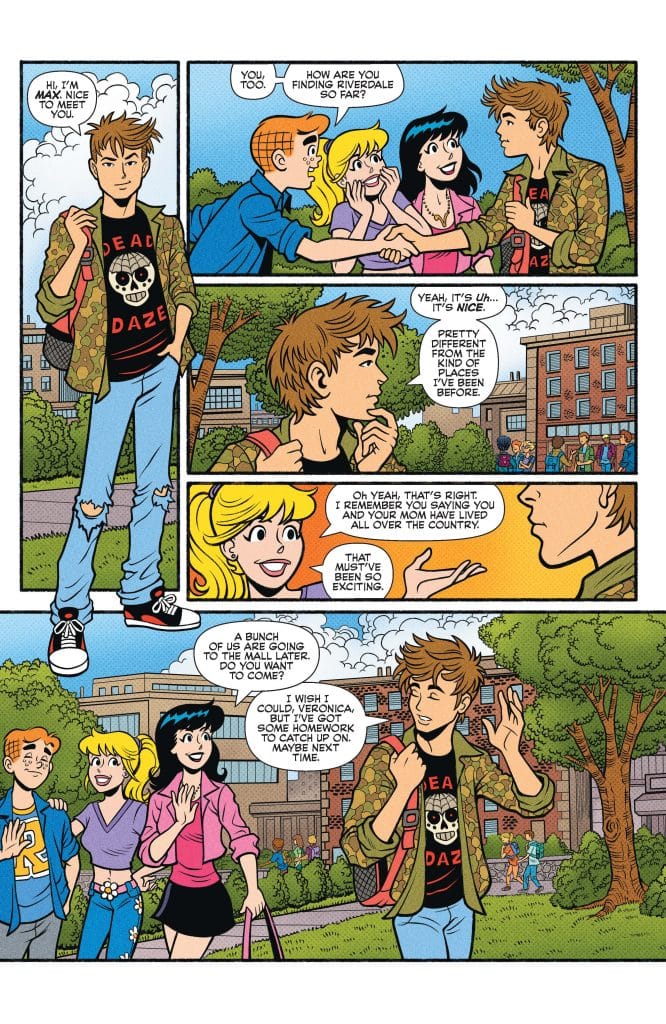 A comic book scene featuring several characters in a conversation outside a school building. A teenage boy in a 'DEAD DAZE' shirt talks to a girl with black hair while two other friends, one with red hair and another with blonde hair, join the discussion.