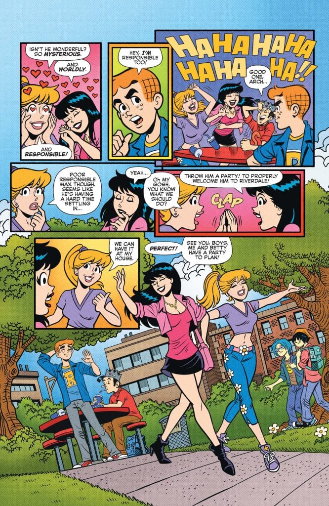 Comic panel featuring characters from Riverdale discussing a new arrival, with dialogue boxes expressing excitement about throwing a welcome party. The scene includes friends in a park setting, laughing and engaging in conversation, while others sit at a table in the background.