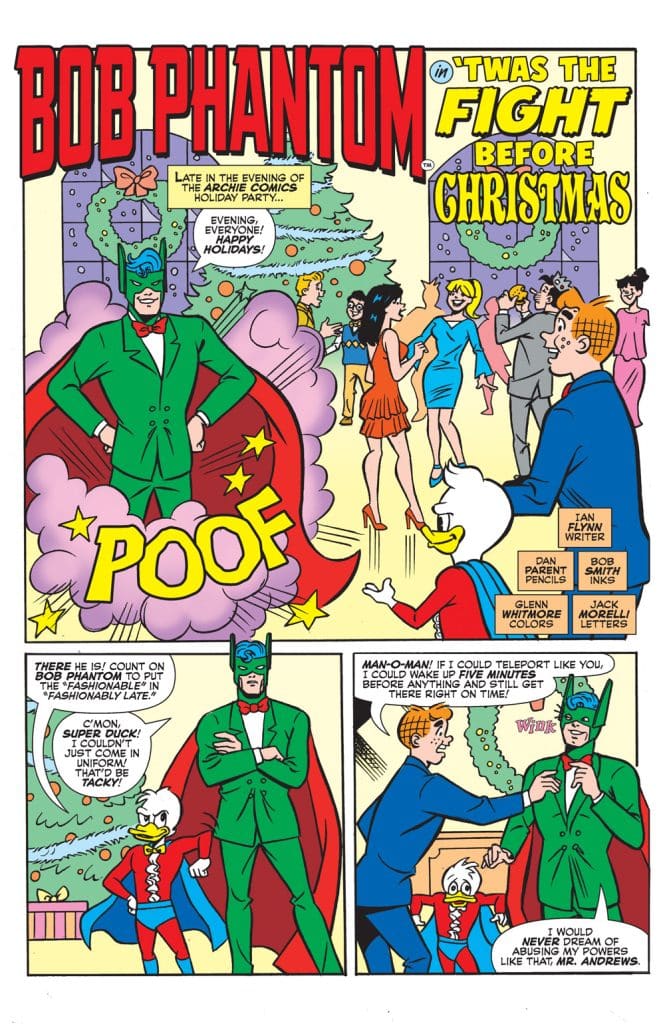 Comic page featuring Bob Phantom in a festive holiday party scene with colorful decorations, where characters are gathered and exchanging cheerful greetings.