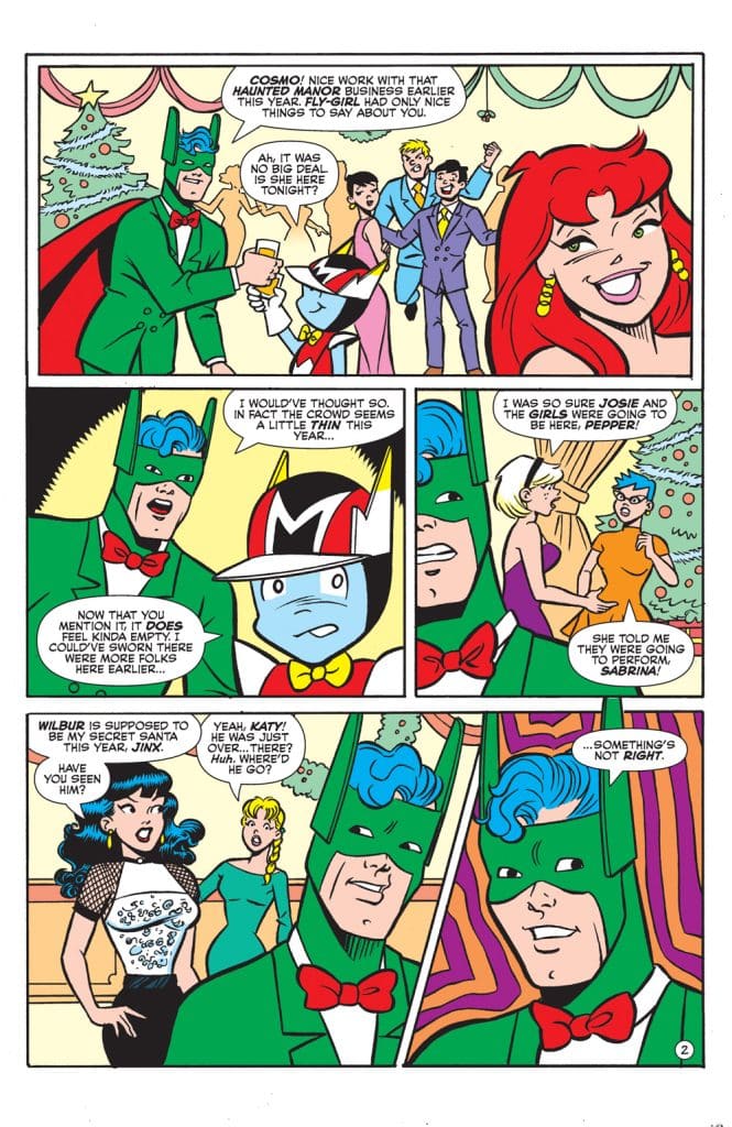 A comic book page featuring colorful characters at a festive gathering, discussing a haunted manor event. Characters include Cosmo in a green superhero costume, a blue character with a bow tie, and several others expressing curiosity about the absence of friends at the event.