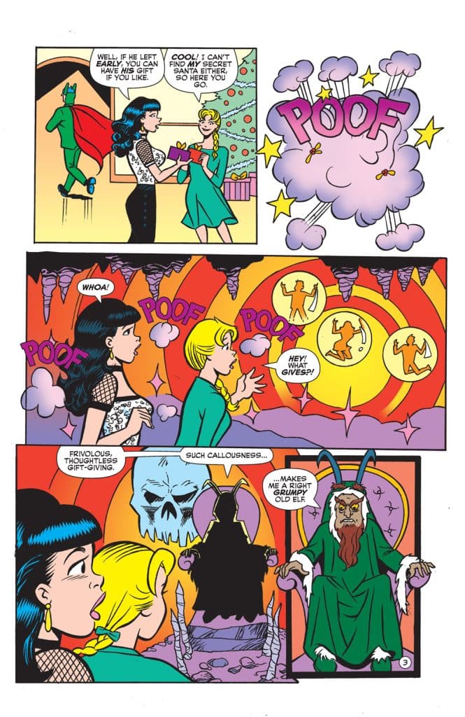 A comic strip featuring two girls talking about holiday gift exchanges, with magical 'POOF' effects and a character expressing frustration about gift-giving.