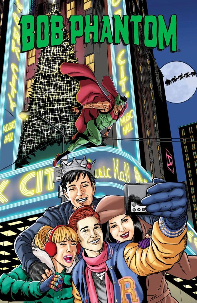 A group of five friends taking a selfie in front of a brightly lit music hall with a large Christmas tree and a superhero figure in the background.