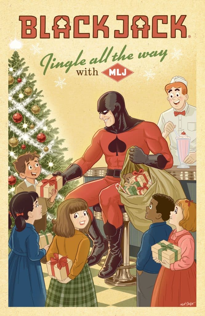 A festive illustration featuring the superhero Blackjack surrounded by children at Christmas, presenting gifts with a decorated tree in the background.