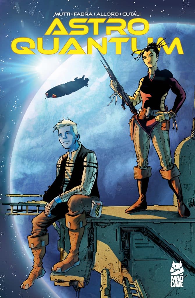Cover of the comic 'Astro Quantum' featuring two characters: a young man sitting on a futuristic structure and a woman standing confidently with a weapon, set against a cosmic background.