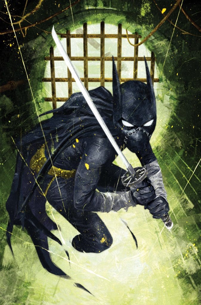 A masked vigilante in black attire crouches in a dark, atmospheric setting, holding a sword with a grid structure visible in the background, surrounded by greenish hues.