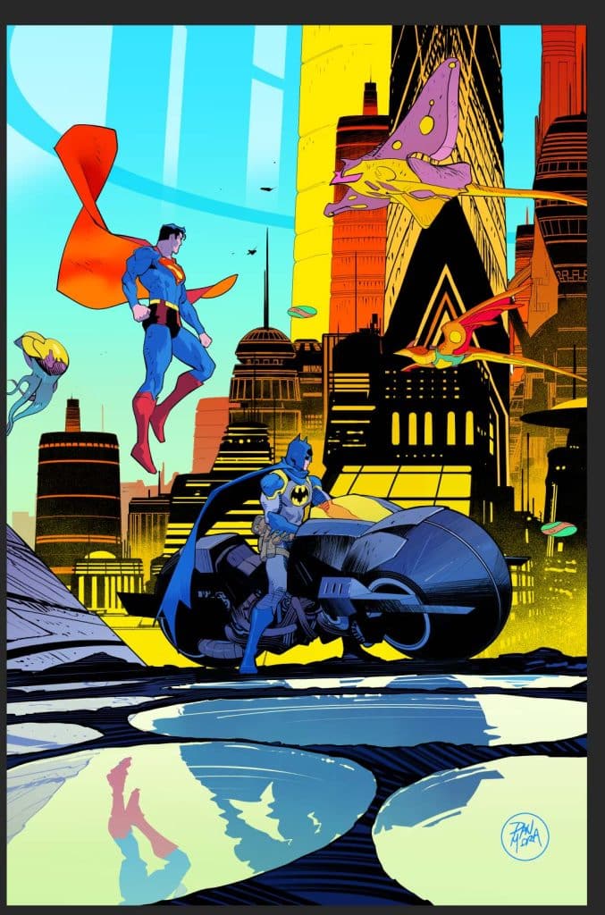 Superman and Batman stand in a futuristic cityscape featuring bright colors, flying creatures, and advanced buildings. Batman is positioned next to a sleek Batmobile while Superman hovers nearby.