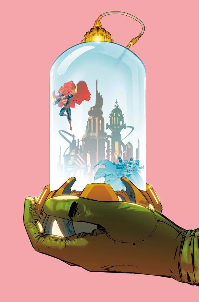 A hand holding a glass dome depicting superheroes flying above a futuristic cityscape, on a pink background.