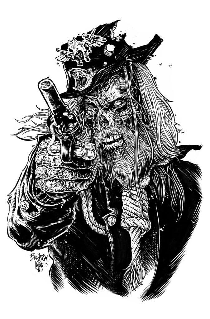 A detailed black and white illustration of a zombie pirate with long hair and a rugged appearance, wearing a tattered hat adorned with skulls, pointing a pistol directly at the viewer.
