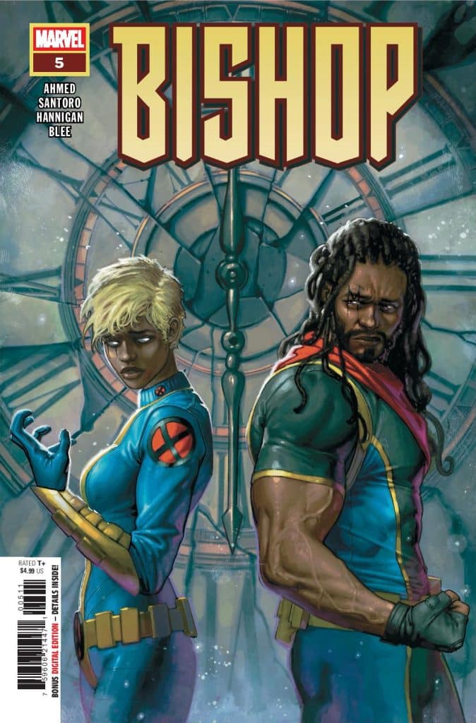 Cover art for Marvel's comic 'Bishop' featuring two characters with bold expressions standing back to back in front of a large clock face. The first character has short blonde hair and wears a blue costume with a red emblem. The second character has long black hair and muscular arms, wearing a colorful costume.