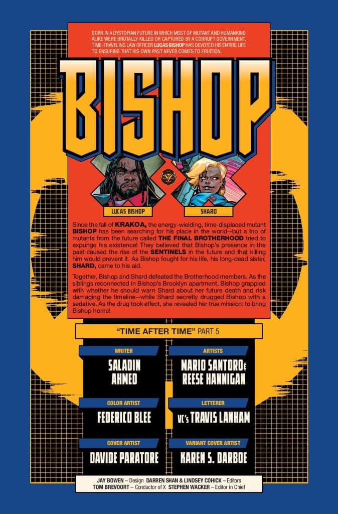 Comic book cover featuring Lucas Bishop and Shard in a dystopian setting. The title 'Bishop' is prominently displayed. The background includes artistic elements related to the storyline, including themes of time travel and conflict.