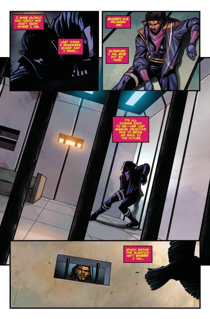 A comic panel depicting a character waking up in a confinement area, expressing confusion and concern about being drugged and isolated. There are speech bubbles indicating dialogue about a previous mission and a possible escape.