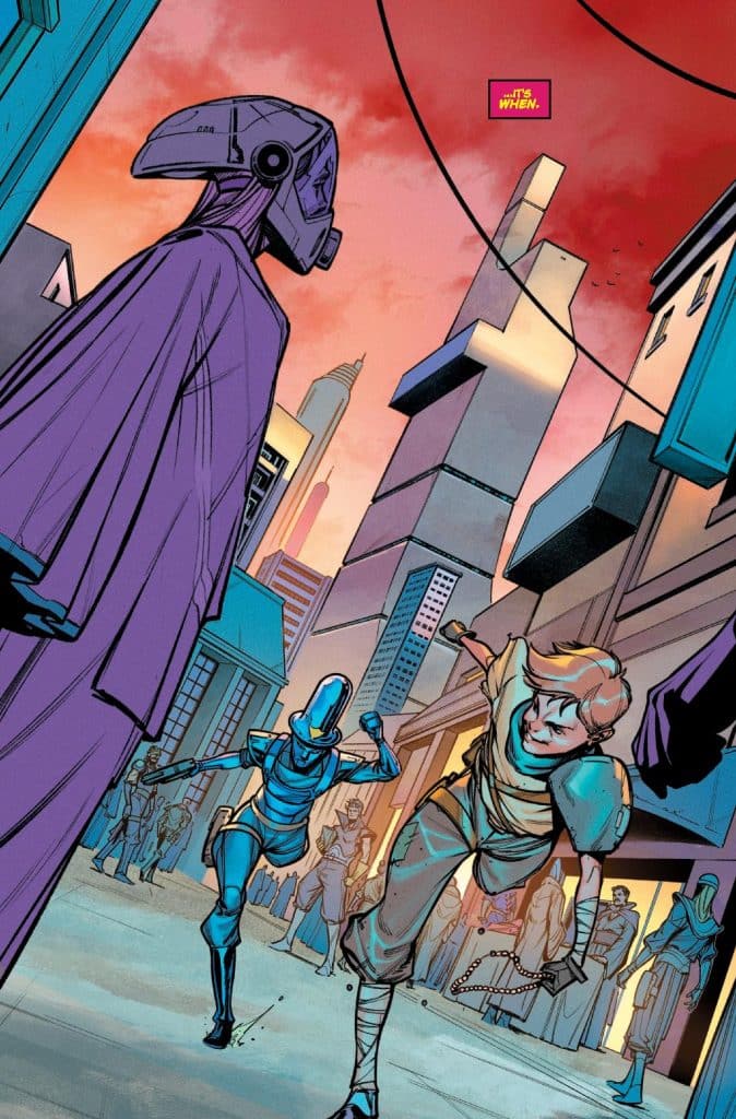 A futuristic street scene featuring a humanoid character running from a blue robot, while a tall figure in a purple robe watches in the background. The setting includes tall buildings and a colorful sky.