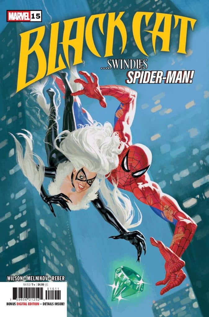 Cover of 'Black Cat #15' comic book featuring Black Cat and Spider-Man soaring through the city, with Black Cat playfully reaching for a green gemstone.