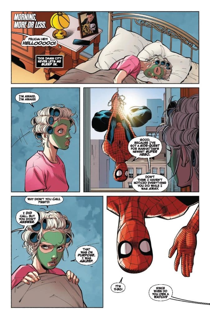 A comic page featuring a character in bed with curlers in her hair and green face mask, speaking to Spider-Man who is perched nearby. The scene depicts a humorous conversation between the two characters about waking up and communication.