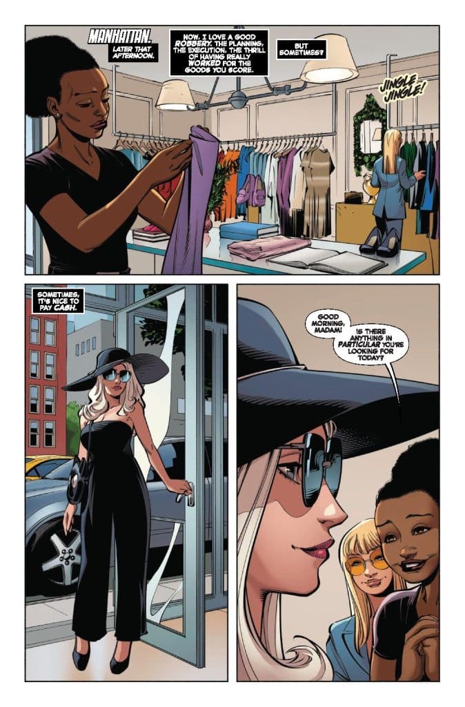 A fashionable woman with long blonde hair and sunglasses enters a clothing store, greeted by a staff member. The store features clothes displayed on racks and a vibrant atmosphere. Another customer is shopping in the background.