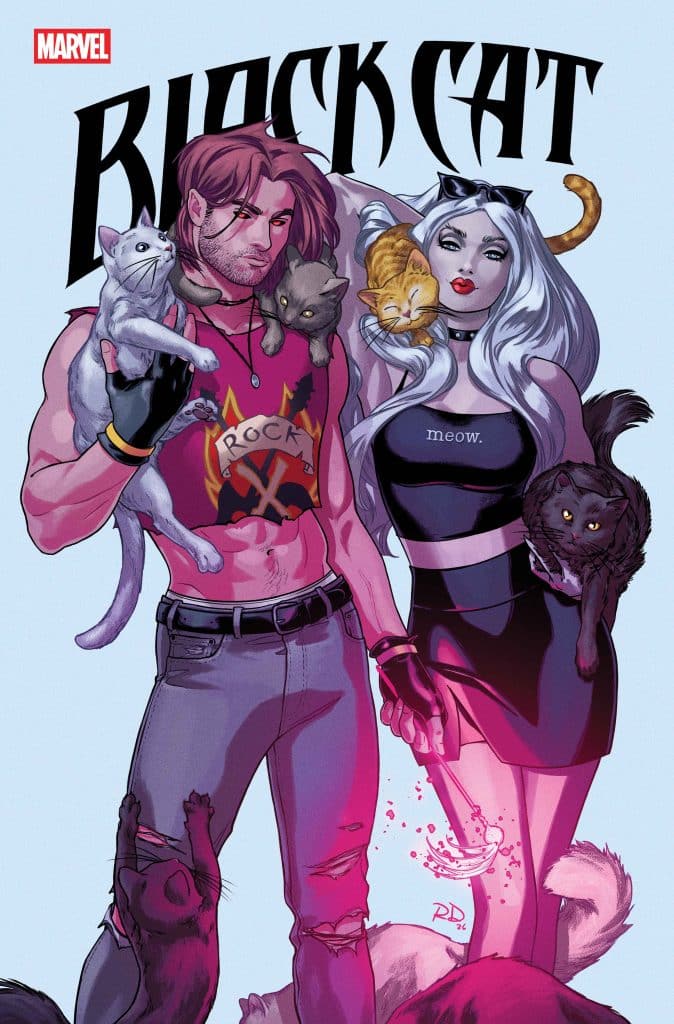 A comic book cover featuring the characters Black Cat and a male companion, both surrounded by various cats. The male character is wearing a sleeveless shirt with a rock band logo and is showcasing his muscular build, while Black Cat has long white hair and wears a form-fitting black dress. The background is light blue with the title 'BLACK CAT' prominently displayed.