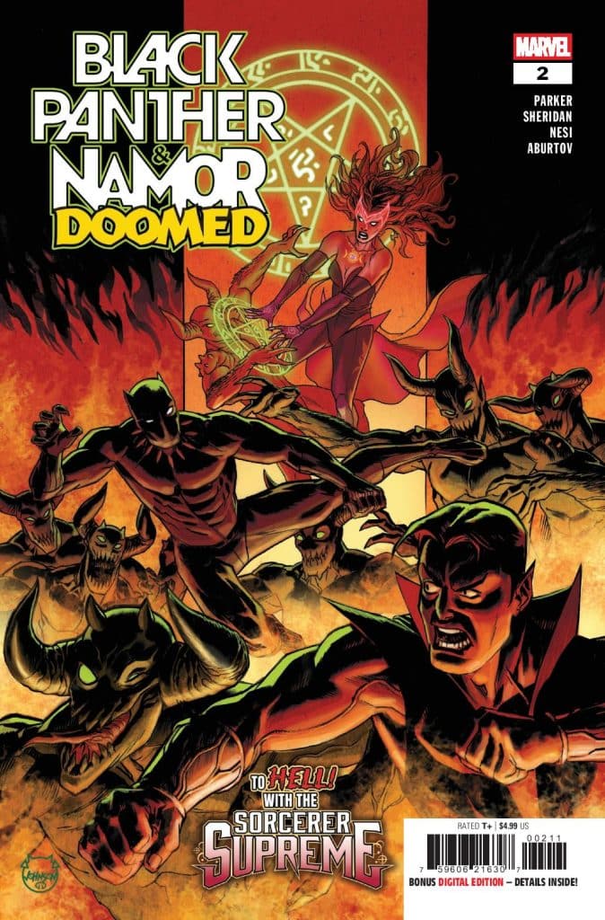 Cover of 'Black Panther & Namor: Doomed' comic book featuring Black Panther, Namor, and various demonic entities in a dynamic battle scene.