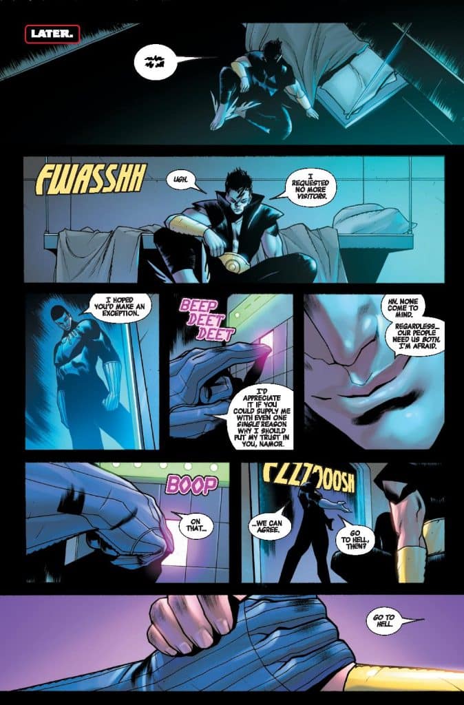 A comic book panel showing a character sitting on a bed with a frustrated expression, while another character stands nearby. The scene includes dialogue about visits and trust, with sound effects like 'FWASSHH' and 'BOOP' adding to the action.