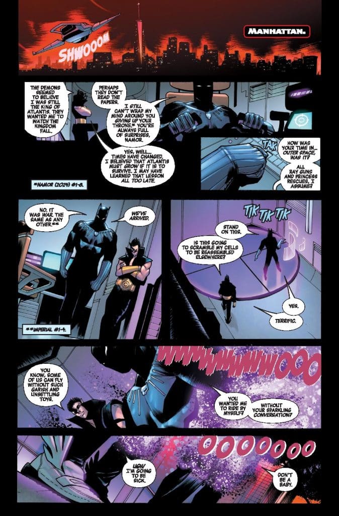 A comic panel featuring Batman and other characters discussing a mission in a futuristic Manhattan setting, with a dramatic sky and technological elements.