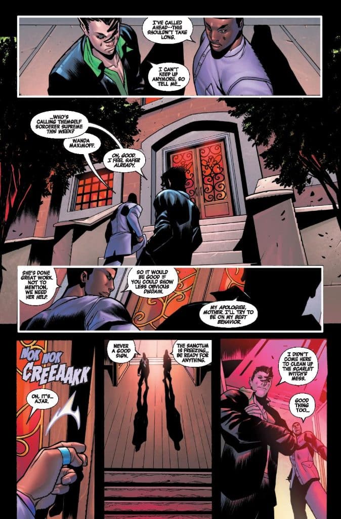 A comic book scene featuring two characters approaching a large door, engaged in conversation. The dialogue hints at a visit to a magical location, with references to Wanda Maximoff and a sense of urgency. The atmosphere is mysterious and slightly tense.