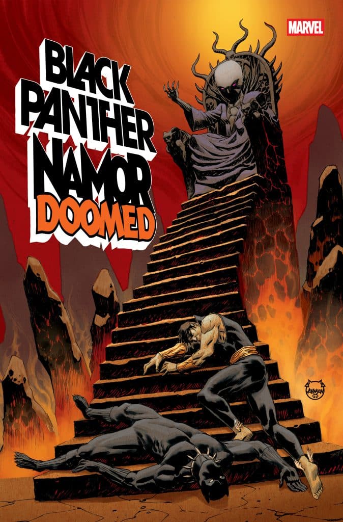 Cover art for 'Black Panther: Namor Doom' featuring Black Panther and Namor in a dramatic, fiery setting with a looming figure on a throne in the background.
