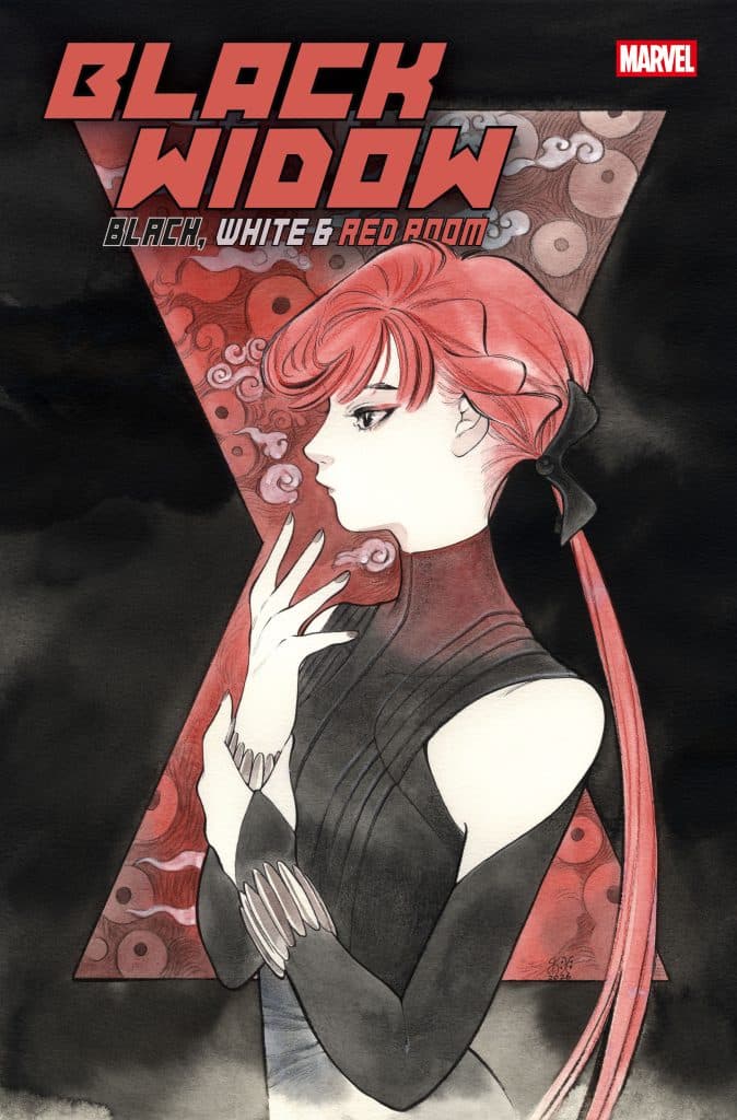 Cover art for 'Black Widow: Black, White & Red Room' featuring a stylized illustration of a woman with red hair in profile against a dark background.