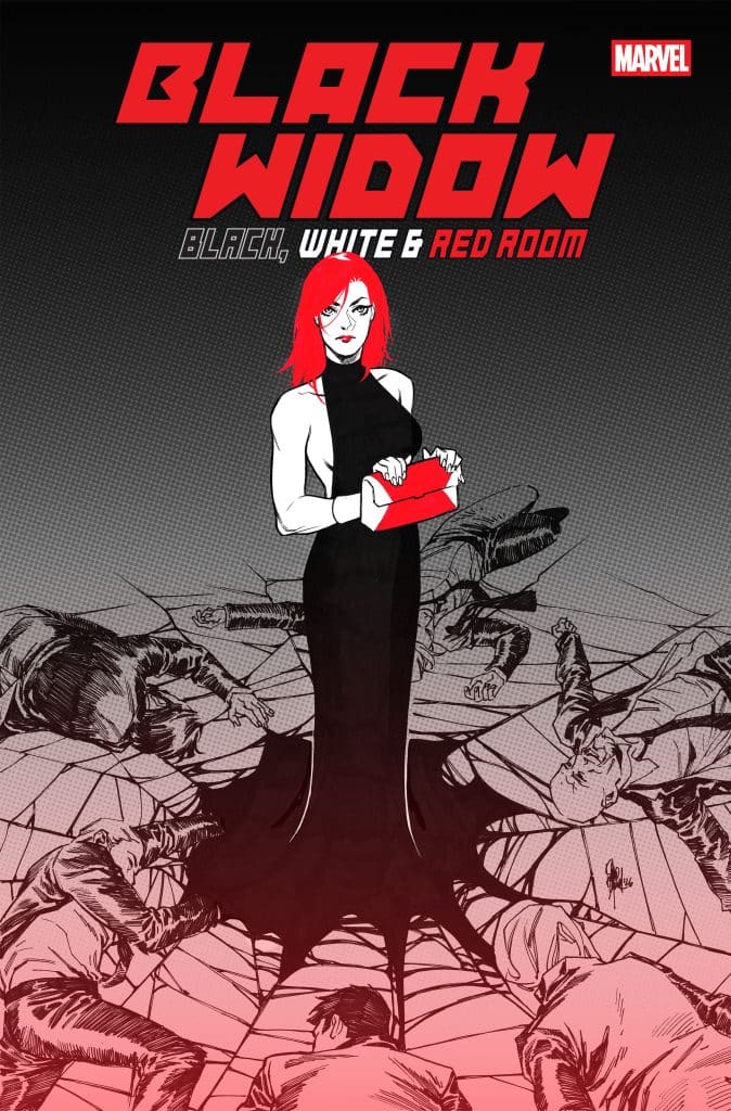 Comic book cover featuring Black Widow in a black dress, holding a red object, surrounded by faint outlines of characters on the ground.