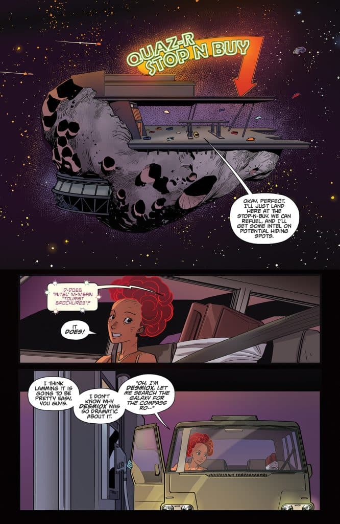 A sci-fi comic panel featuring an asteroid known as 'Quaz-R Stop N Buy' in space, with characters discussing their plans. One character has curly red hair and is sitting in a vehicle, while the other character appears in a dialogue bubble expressing curiosity.