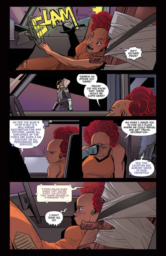 A comic-style illustration featuring two characters inside a vehicle. One character with curly red hair appears shocked and frustrated, while the other character, a person in a futuristic outfit, seems to be discussing a police-related issue. Dialogue bubbles convey a tense conversation about potential danger and travel information.